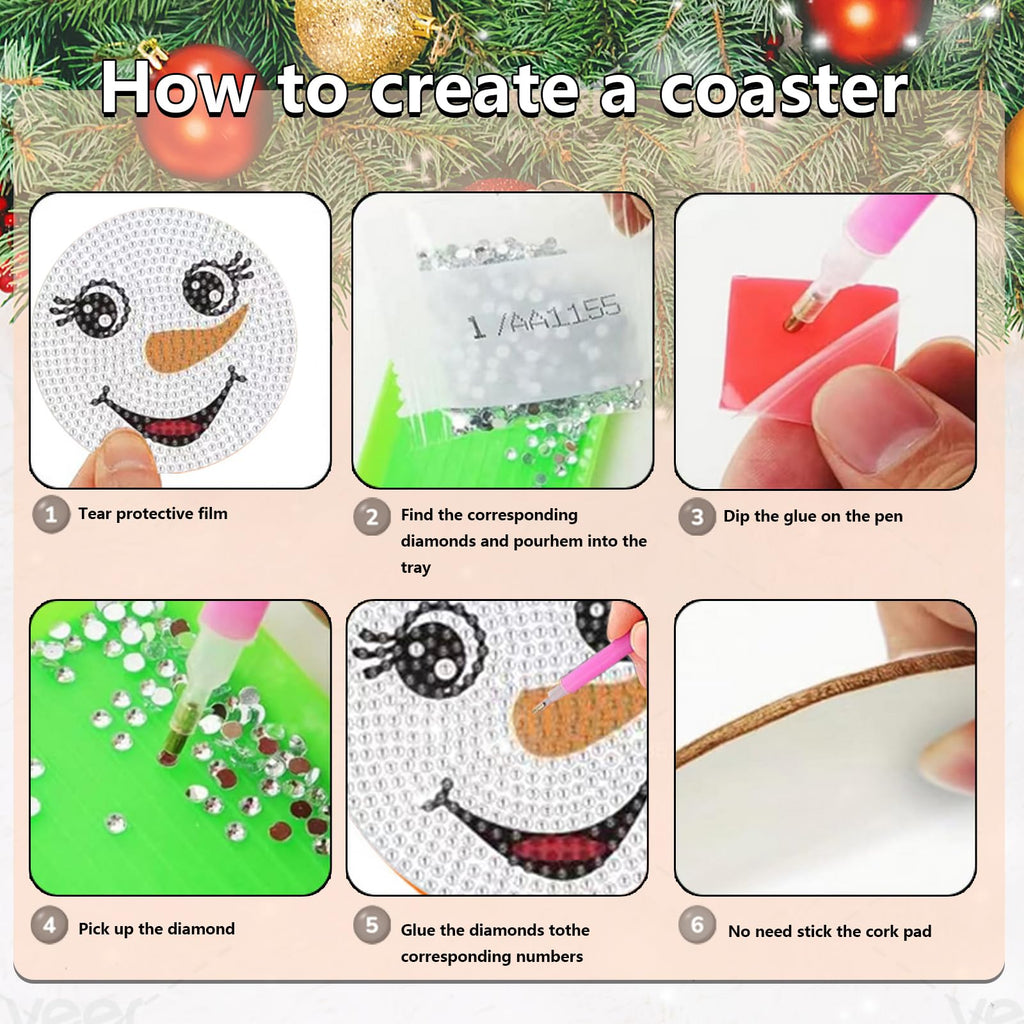 8 Pcs Christmas Snowman Face Diamond Coasters Kits Christmas Snowman Face DIY Coasters with Holder Holiday Xmas Holiday Diamond Coasters for Beginner Adult Winter Christmas Gift