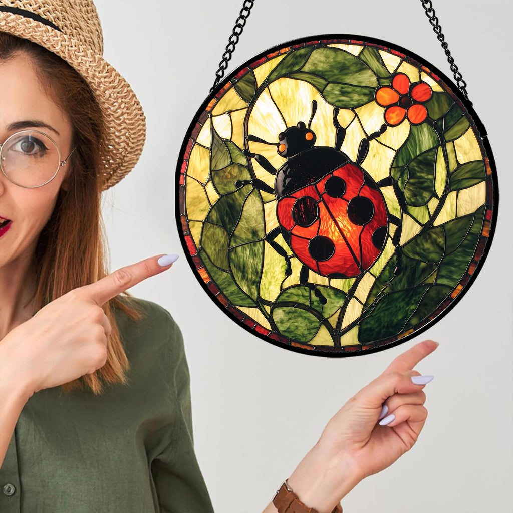 AMDERVEN Stained Glass Window Hanging - Red Ladybug Green Plant Flower Sun Catcher for Door Home Decor Insect Suncatcher Christmas Mother's Day Birthday Gifts for Women Men Mom Nana 6.3 in