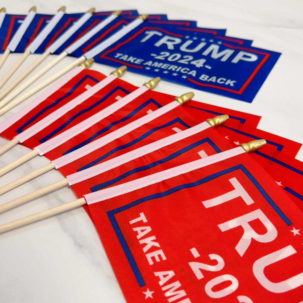 LoveVC Donald Trump 2024 Flag Take America Back Flags Decorations Re-Elect Trump Small Mini Handheld Flags on Wood Stick,5x8 Inch,12 Pack