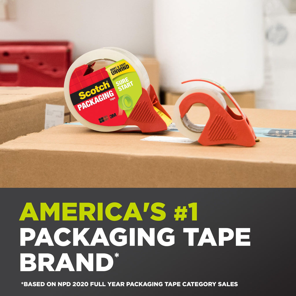 Sure Start Packing Tape, Clear, Quiet Unwind and Easy Start, 1.88 in. x 22.2 yd., 6 Tape Rolls with Dispensers