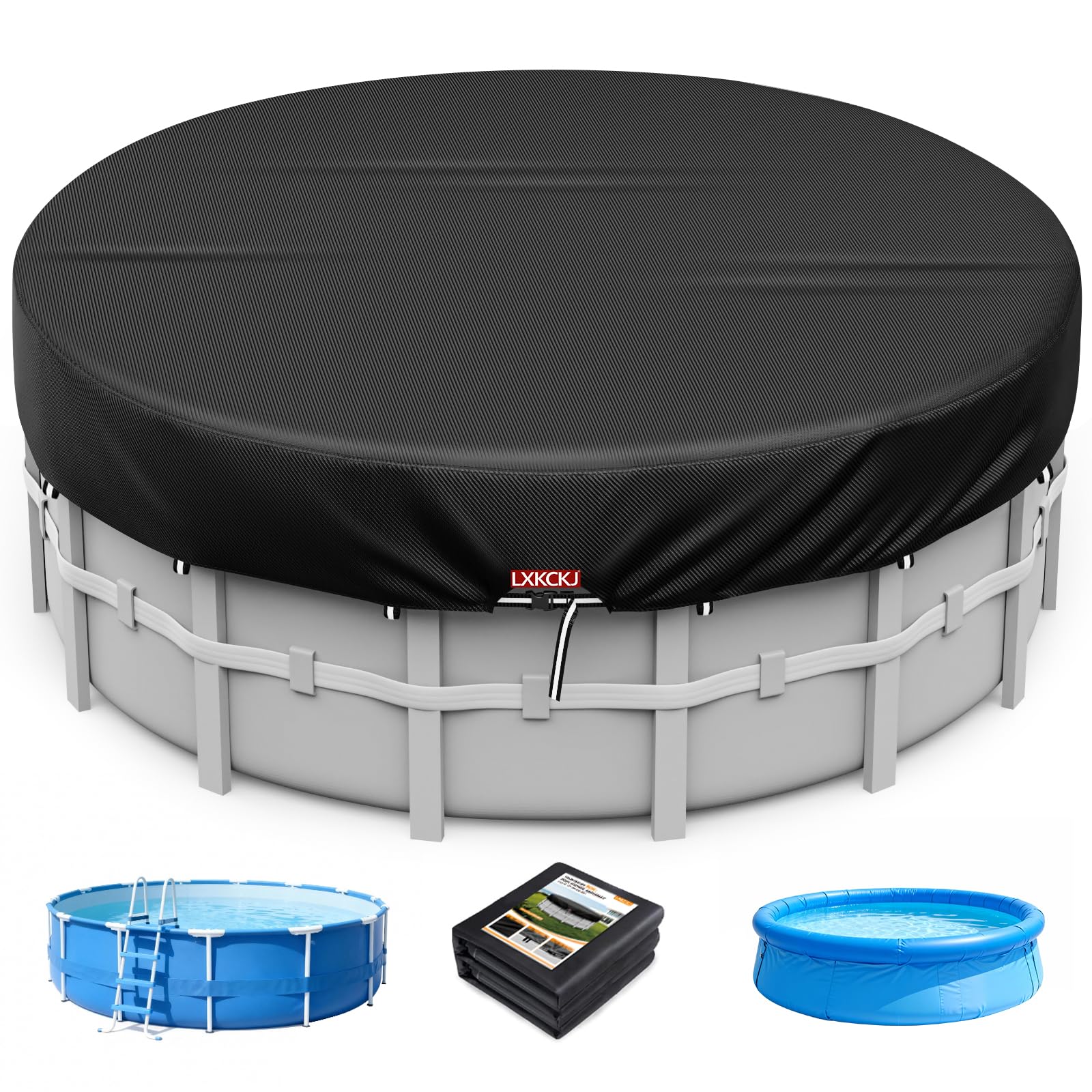 LXKCKJ 12 Ft Round Pool Cover, Solar Pool Covers for Above Ground Pools, Summer Pool Cover Protector with Cover Accessories, PE Tarp Ideal for Waterproof and Dustproof (Black)