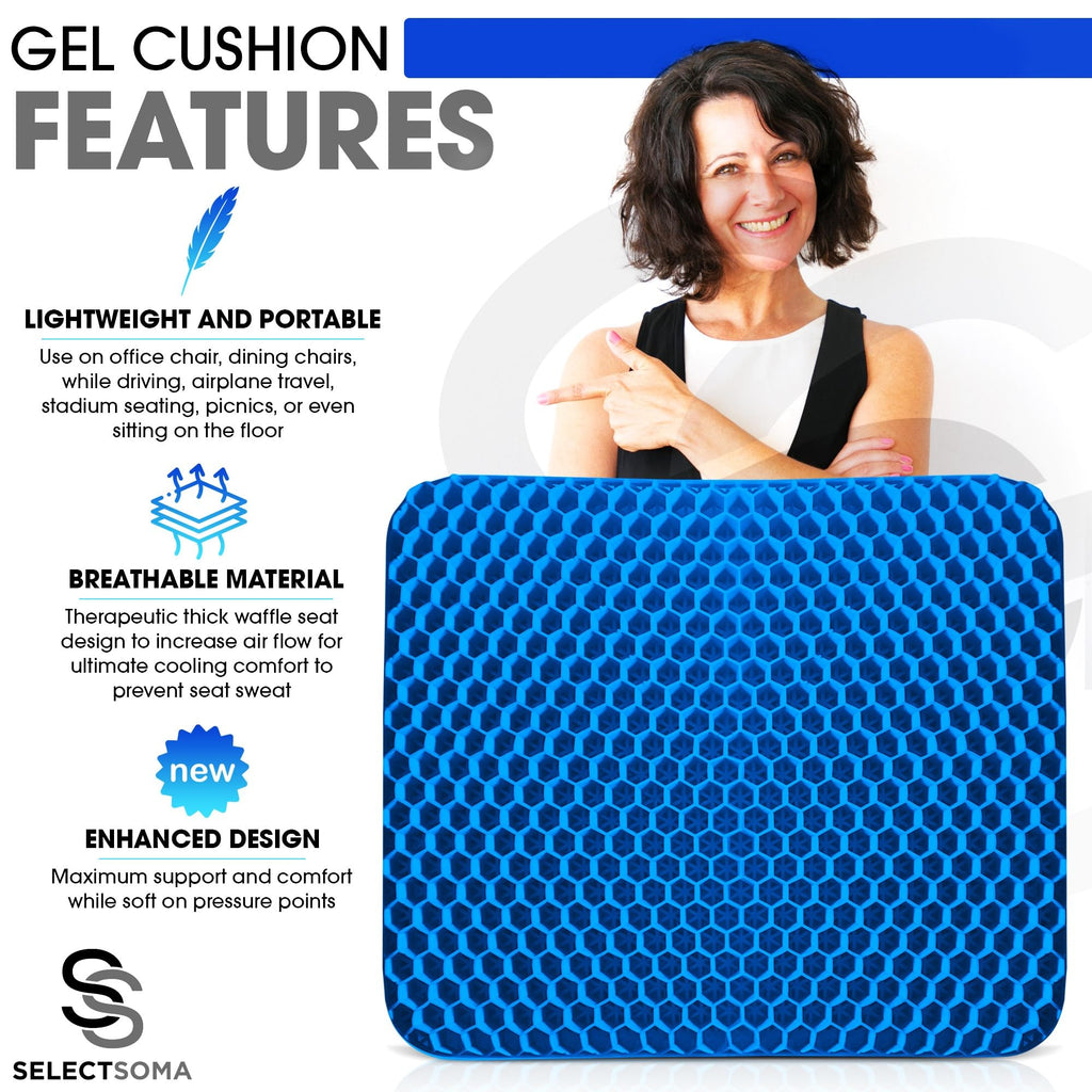 SelectSoma Large Gel Seat Cushion for Desk Chair - Pressure Relief for Back, Sciatica, Coccyx, and Tailbone Pain While Long Sitting – Wheelchair Cushion – Car and Truck Chair Pad