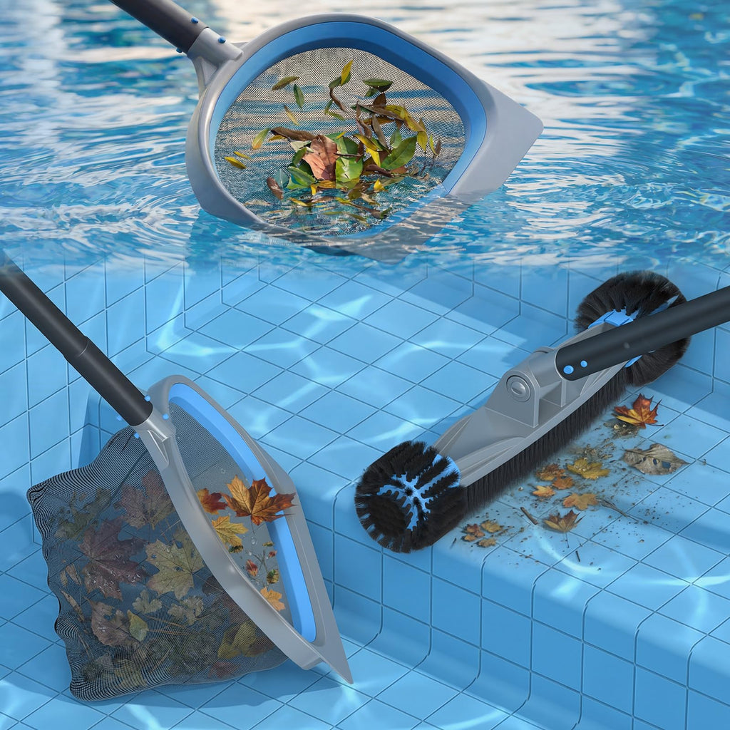 UIRWAY 4-in-1 Deluxe Swimming Pool Cleaning Kit - Includes Detachable Pool Brush, Heavy Duty Deep Leaf Skimmer Net, Fine Mesh Net, Extendable Aluminum Pole for Inground & Above Ground Pools Cleaning