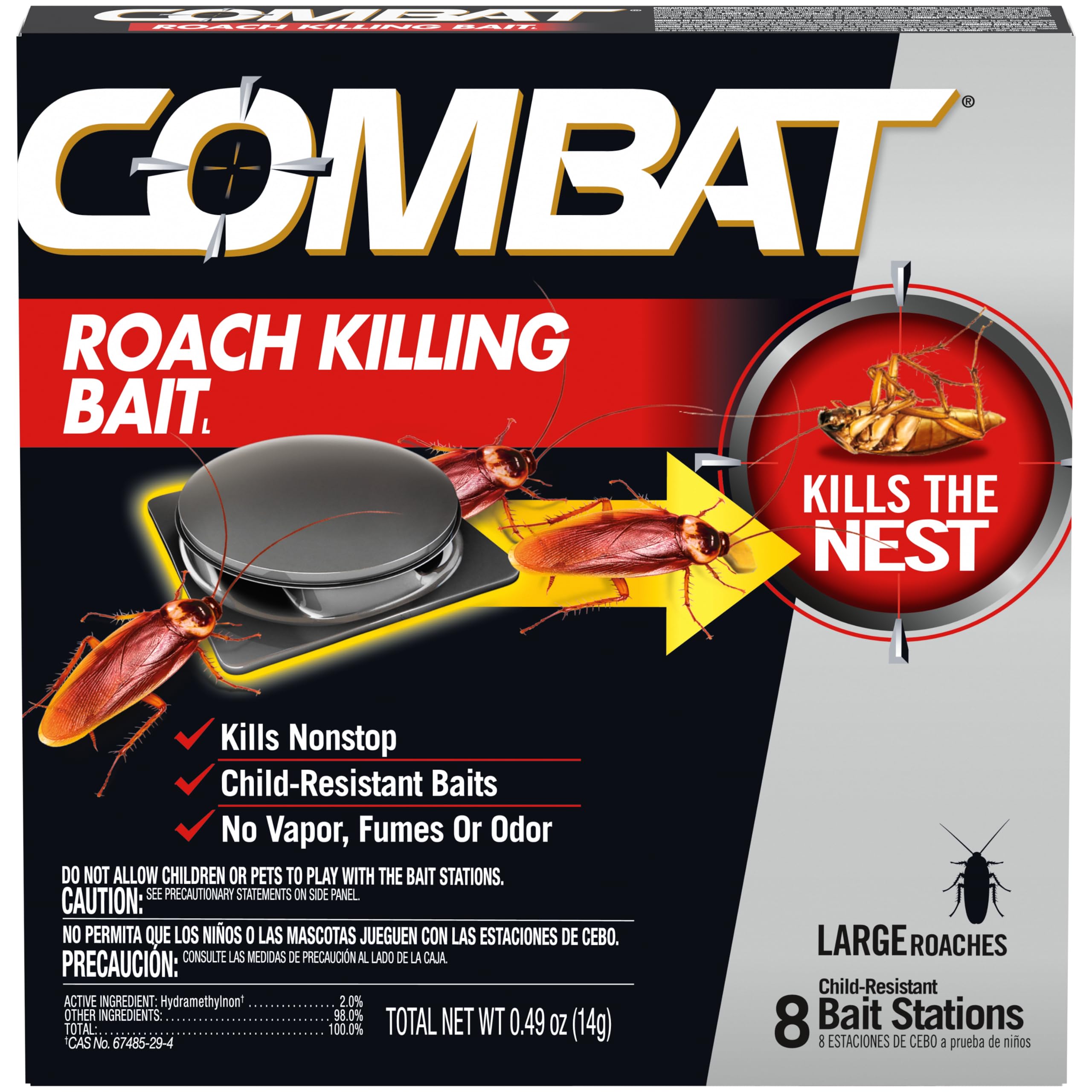 COMBAT Roach Killing Bait, Roach Bait Station For Large Roaches, Kills The Nest, Child-Resistant, 8 Count, Insects