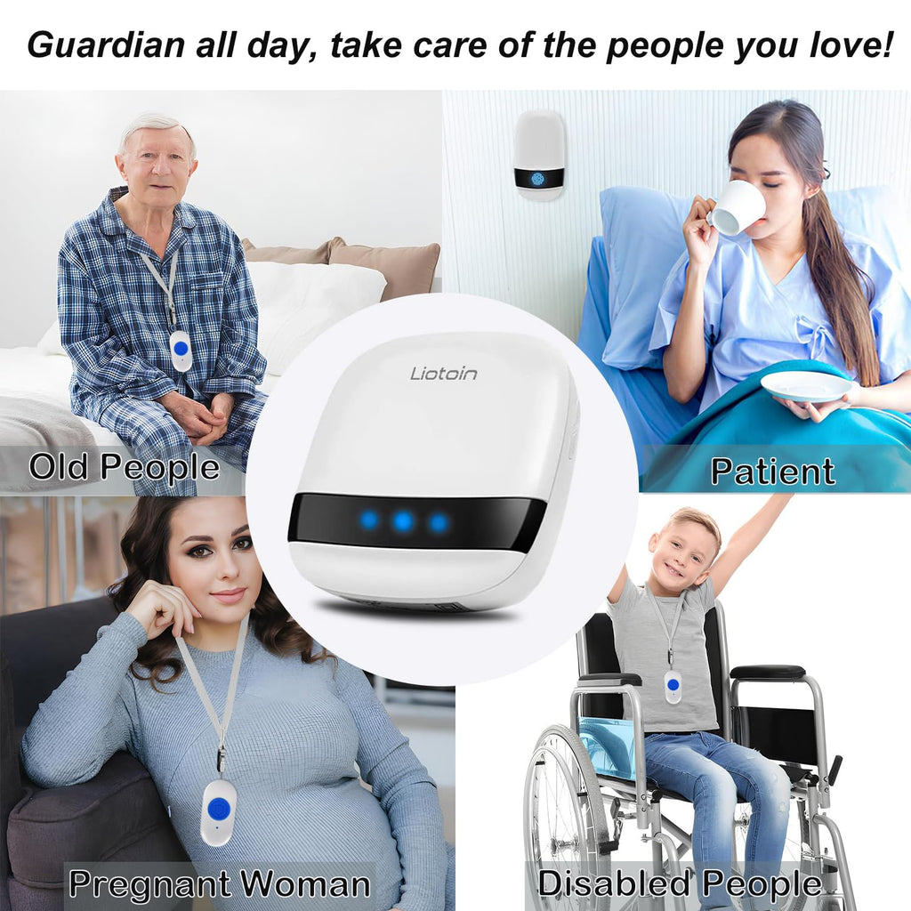 LIOTOIN Caregiver Pager Wireless Call Button Call Bell Call Light Alert Button for Home/Elderly/Patients/Disabled Nurse Alert System Emergency Button 3 Plugin Receivers 5 Waterproof Transmitters