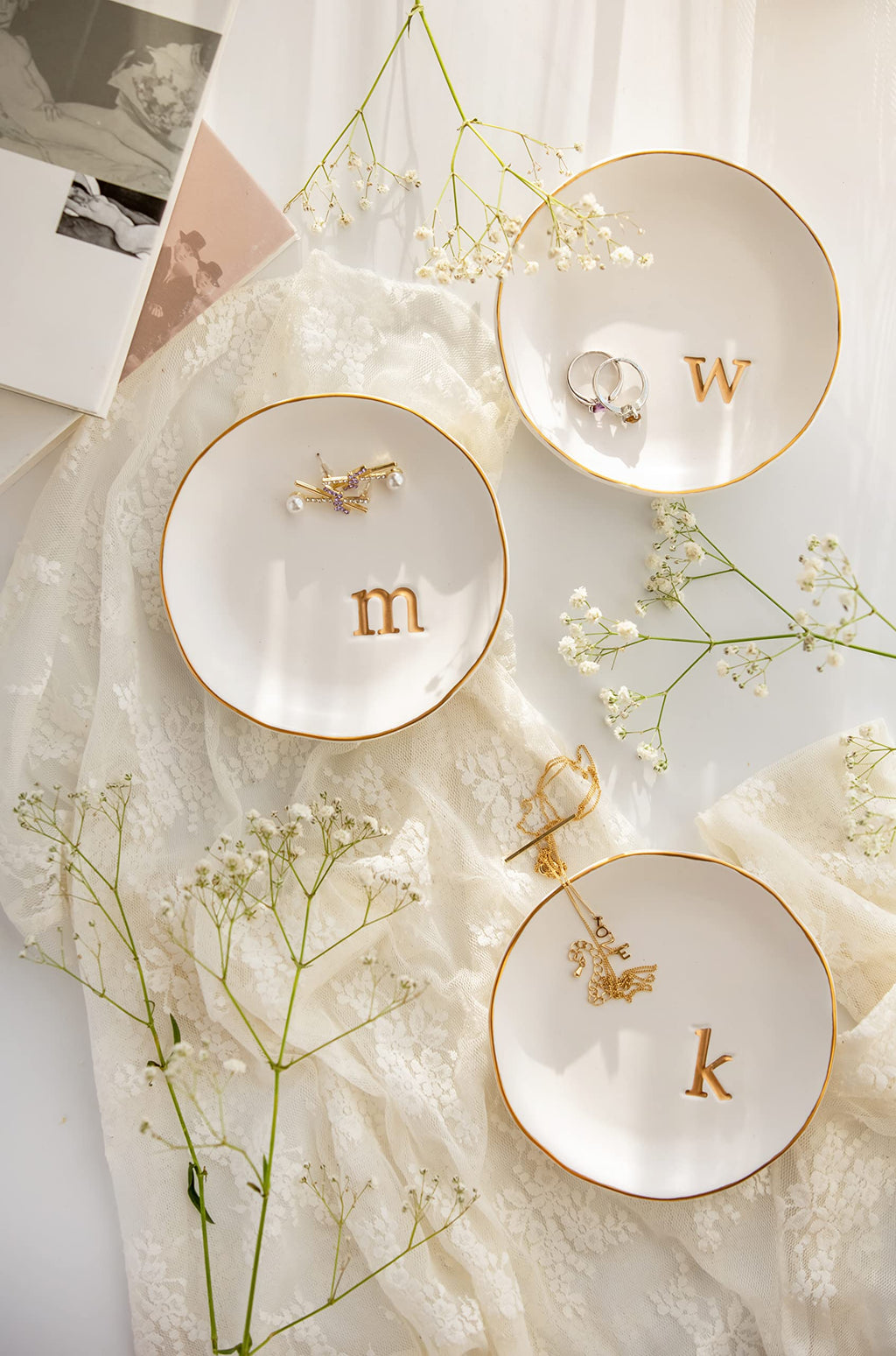 COLLECTIVE HOME - Ceramic Jewelry Tray, Decorative Trinket Dish for Rings Earrings Necklaces Bracelet Watch Keys, Birthday Mother's Day for Women, 4.75", White Surface (E)