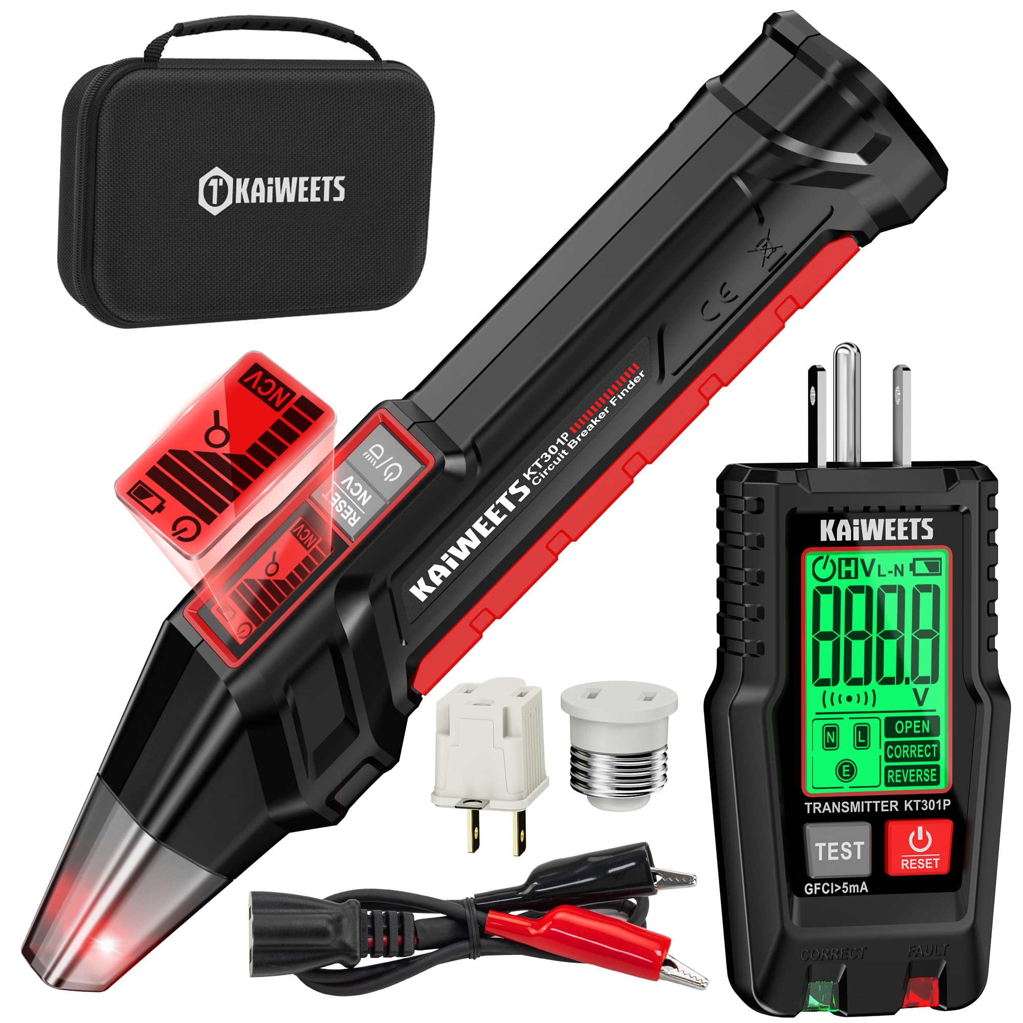 KAIWEETS Circuit Breaker Finder with LCD Display, GFCI Outlet Tester, Electrical Circuit Tracer Tool with NCV Test & Flashlight, Includes Carrying Case and Adapters- KT301P