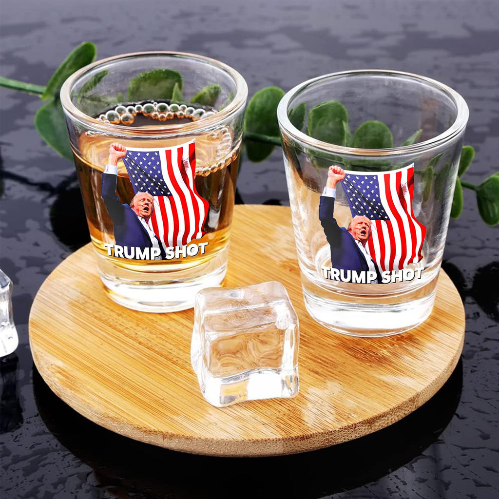 RWSEFK Trump Shot Glass - 4Pc Set with Assassination Picture & Fist Pump, Perfect for Political Enthusiasts, Collectible for Trump 2024 - Holds 1.70 oz, Exclusive Limited Edition Design