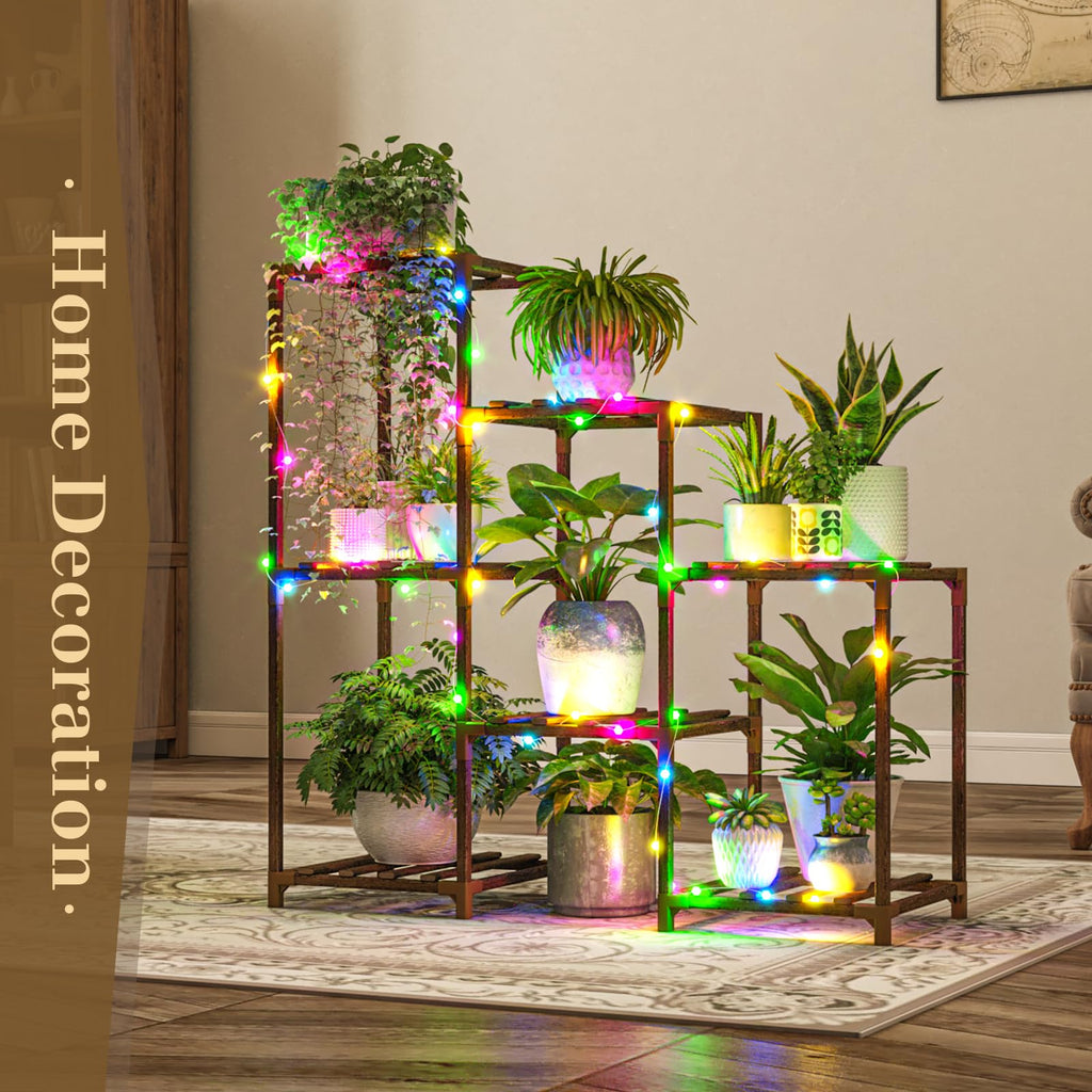 Bamworld Plant Stand with Fairy Lights 3 Tiers 7 Potted Ladder Plant Holder Wood Flower Stand for Home Decor, Plant Gift