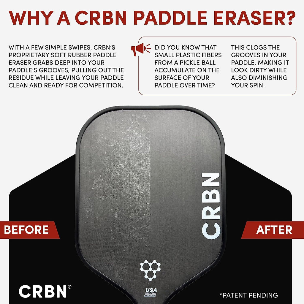CRBN Pickleball Paddle Eraser, Best Carbon Fiber Pickle Ball Racket Cleaner, Fast & Easy Rubber Bar to Remove Ball Residue, Dirt, & Minor Scrapes/Scratches - Patent Pending - 2 Pack