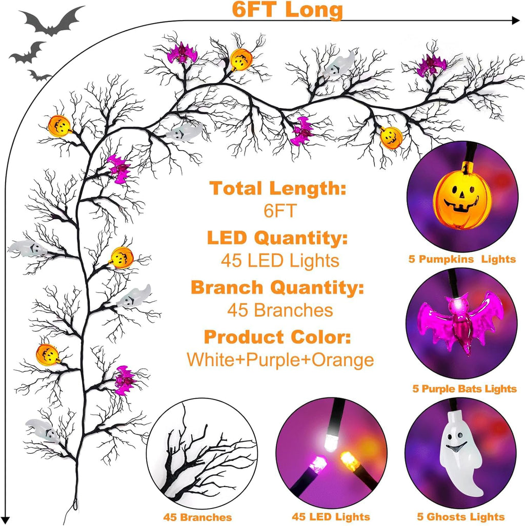 [8 Modes & Timer] 6 Ft 45 LED Halloween Willow Vine Twig Garland Decorations with 5 Pumpkin & Bat & Ghost Lights, Halloween Garland with Battery Operated for Home Indoor Wall Fireplace Mantle Decor