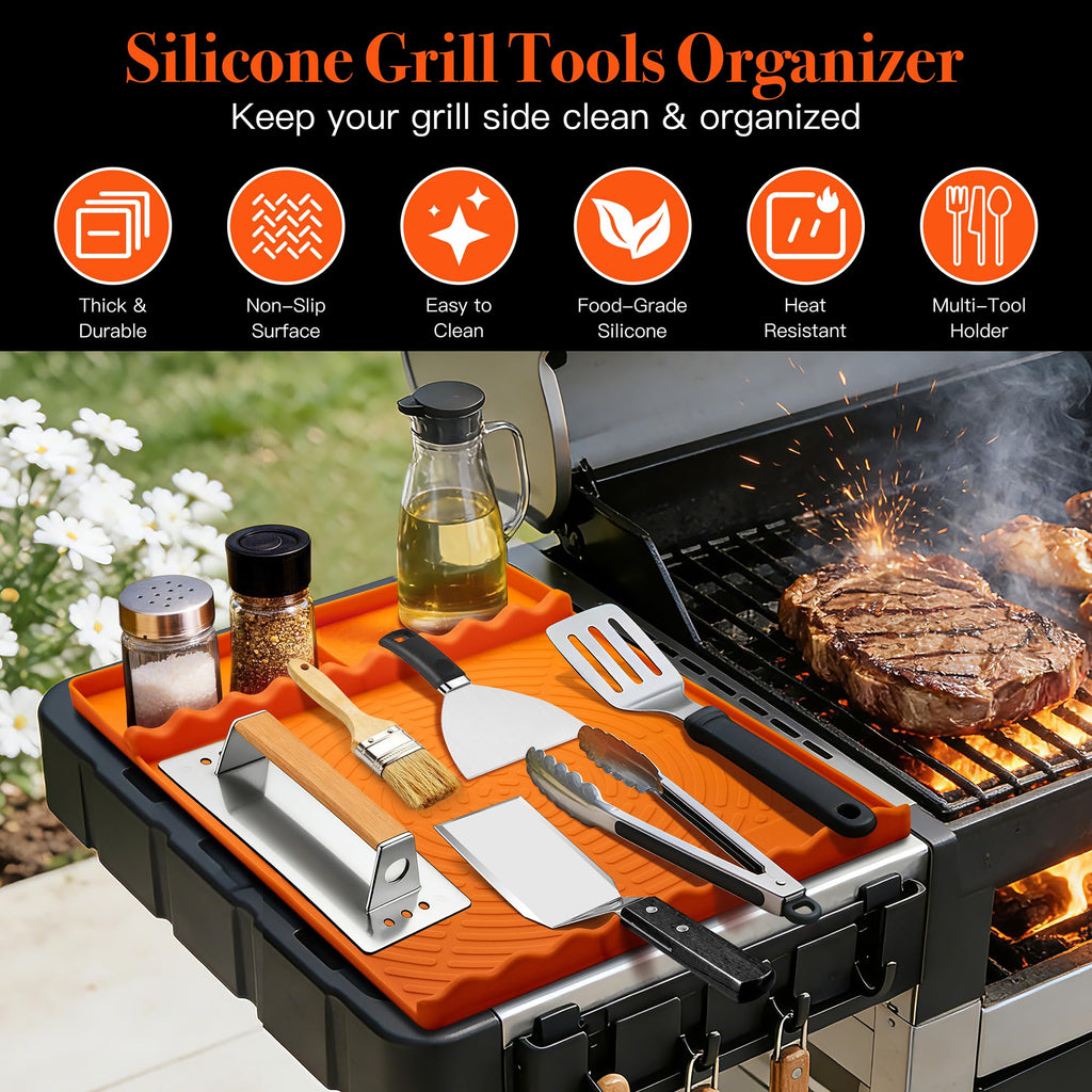 Silicone Grill Mat for Blackstone - BBQ Griddle Tools Side Mat with Drip Pad, Griddle Tools Mat for Outdoor Kitchen Countertop, BBQ Grill Accessories Gifts for Men (Gray-2Pack)