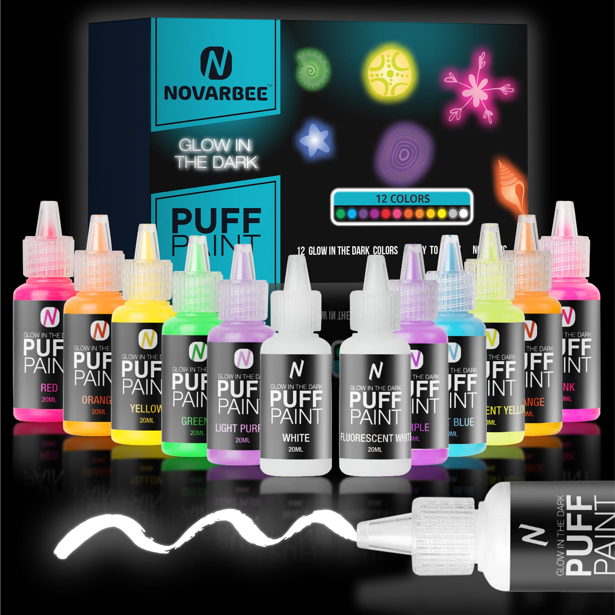 Glow in The Dark Paint, Fabric Paint, 12 Colors Puff Paint, 0.67 Oz, Fabric Paint For Clothes,Glow in Dark Paint- Puff Paint for Crafts, Halloween, Christmas.