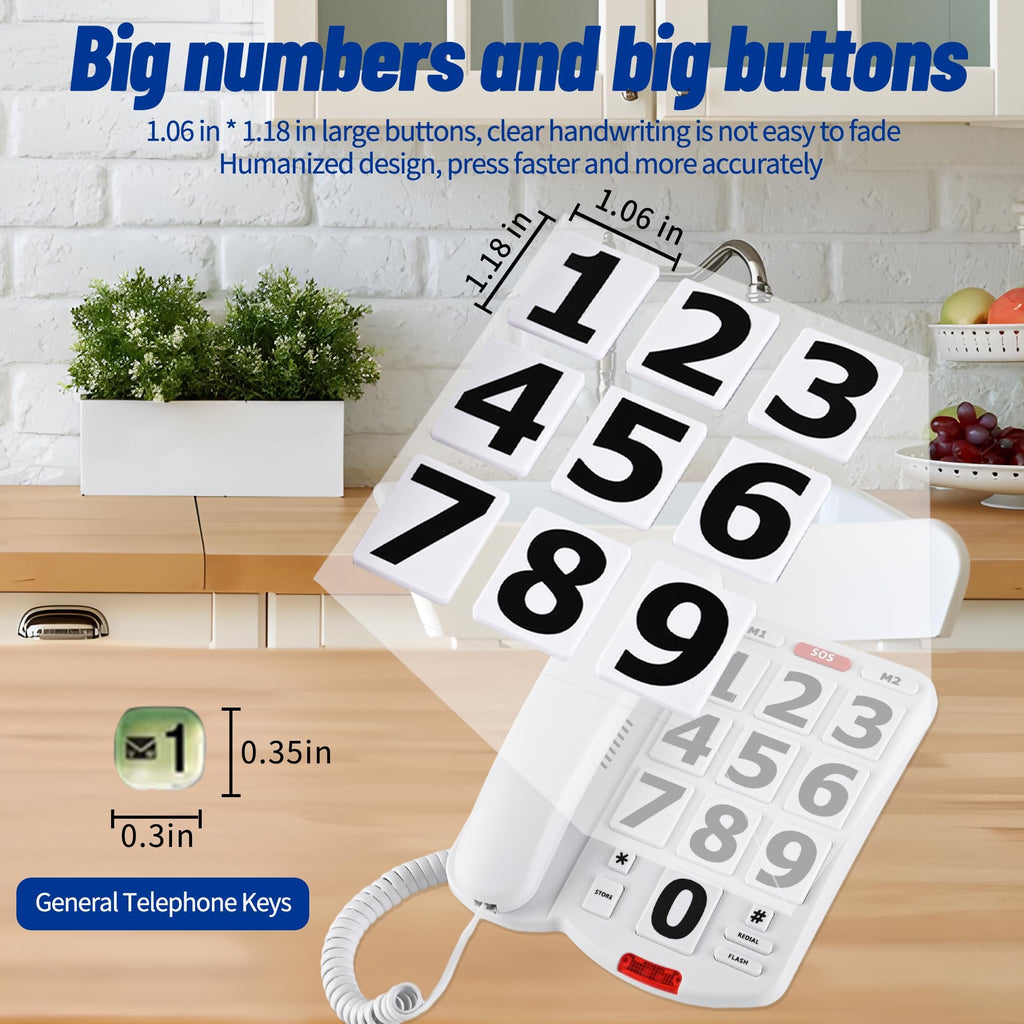 Large Button Phones for Seniors, Land Line Phones for Elderly - Big Button Home Telephone for the Visually Impaired, 110dB+ Amplified Ringer & 90dB+ Handset Volume for the Hearing Impaired House Phone