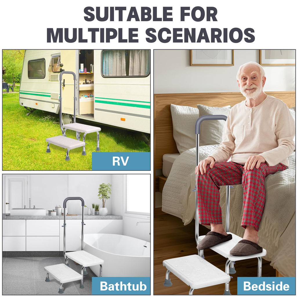 2 Step Stool with Handle for Elderly - Non-Slip Bedside Steps with Adjustable Handrail (450 lbs Capacity)