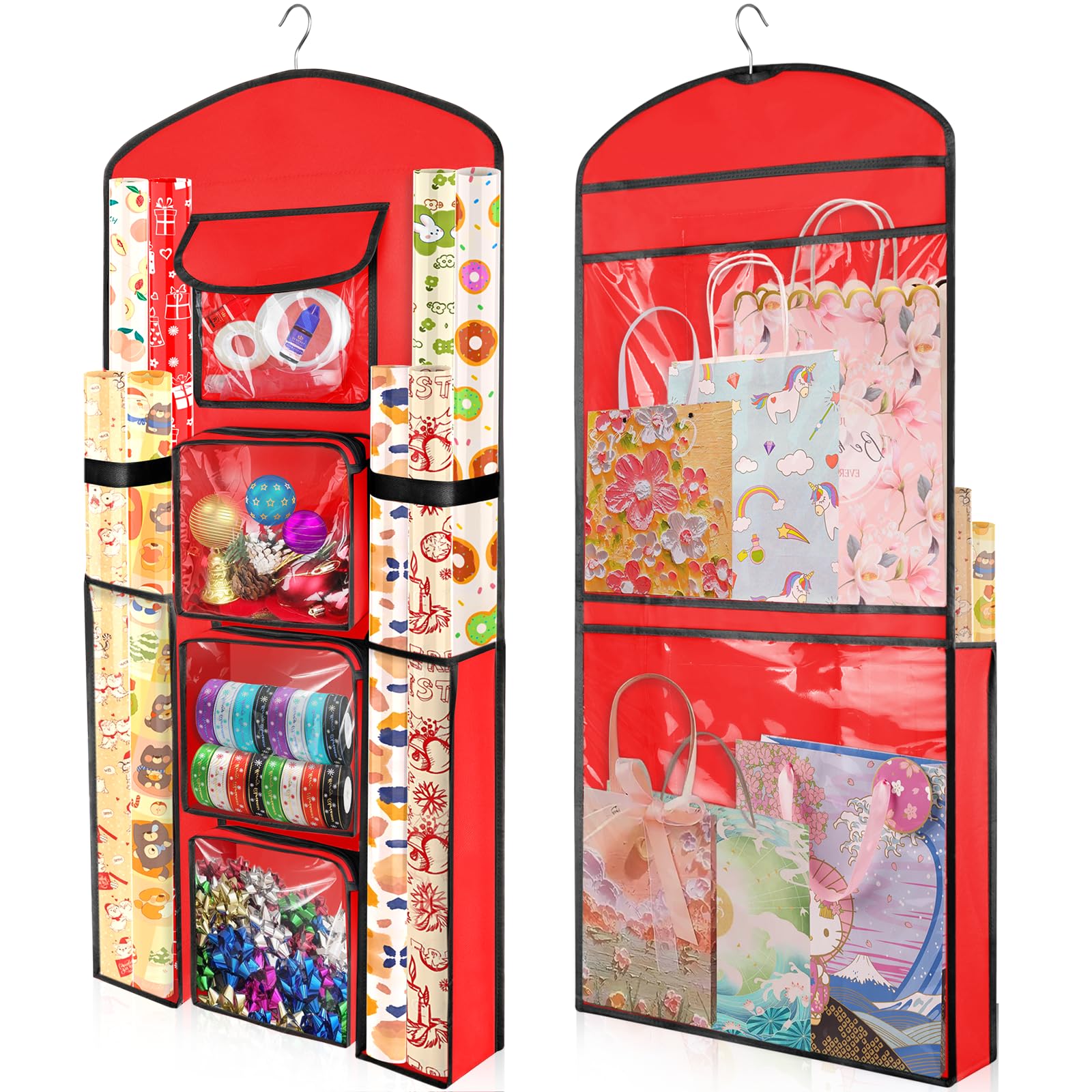 Woodoulogy Hanging Gift Wrapping Paper Storage, 40"X17" Red Double-Sided Christmas Wrapper Bag Container, Oxford Craft Roll Organizer, Present Wrap Holder for Bedroom Closet, Door, Cabinet