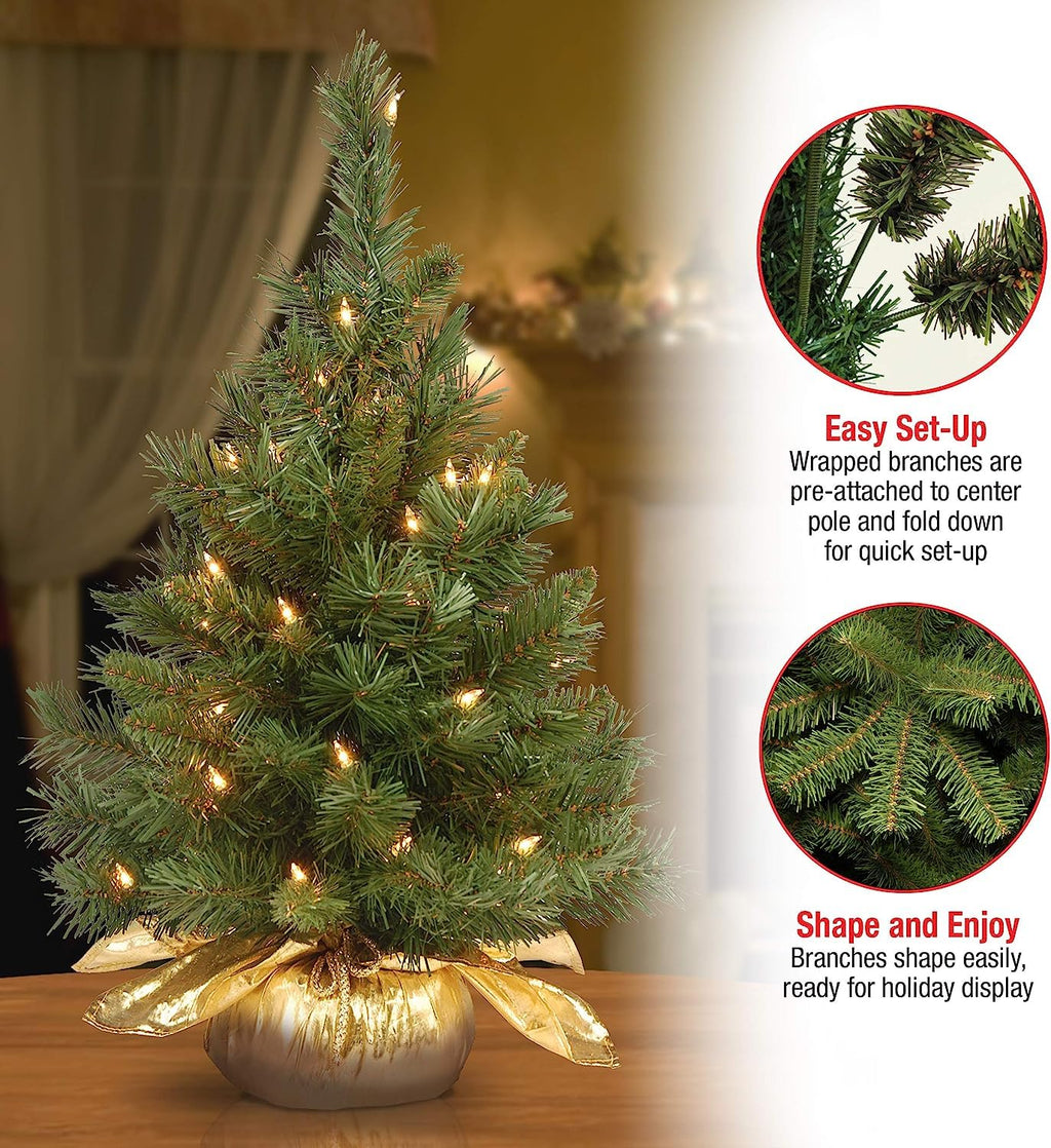 National Tree Company Pre-lit Artificial Mini Christmas Tree | Includes Small Lights and Cloth Bag Base | Majestic Fir - 2 ft
