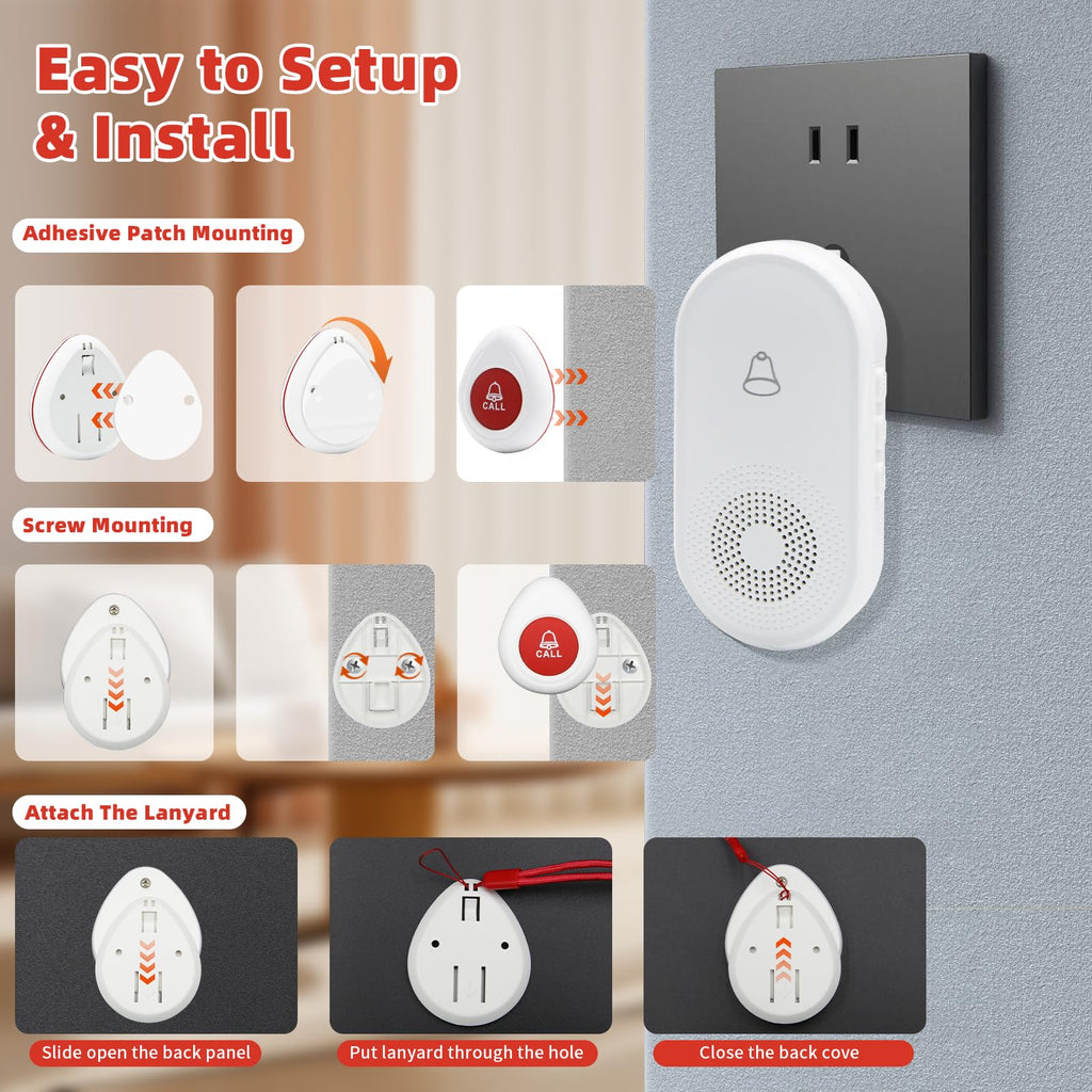 Nestling® Wireless Caregiver Pager SOS Call Button for Elderly Monitoring, Emergency Alert System Call Bell for Nurse Patient Disabled 1 Waterproof Transmitter & 1 Plugin Receiver
