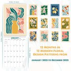 2025 Calendar - 2025 Wall Calendar 12 Months from Jan. 2025 to Dec. 2025, 8.5" x 23.4"(Open), The Perfect Matisse Style Calendar Planner with Ample Blocks for Writing, Beautiful Flower Calendar 2025