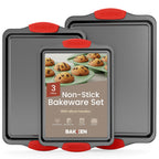 Baking Pan Set – 3 Piece Cookie Sheet – Deluxe Black Non-Stick Carbon Steel – Silicone Handles – Commercial Grade Restaurant Quality – PFOA PFOS and PTFE Free by Bakken