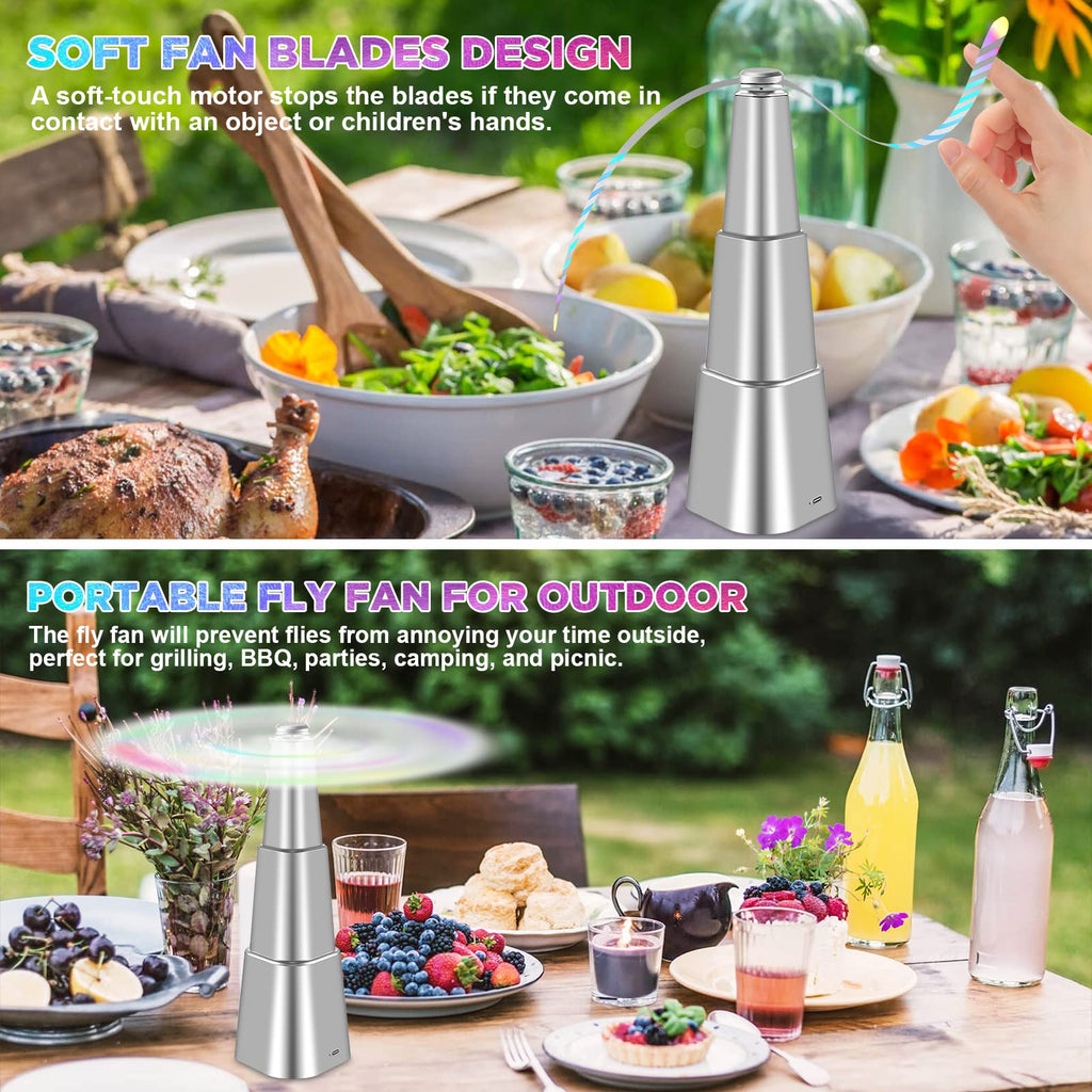chemotex Fly Fan for Tables Food Fans Keeps Flies Away Fly Repellent Fans for Outdoor Table Top Bug Fan with Holographic Blades for Picnic, Outside (Silver, 6Packs)