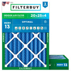 Filterbuy 20x25x4 Air Filter MERV 13 Optimal Smoke & Allergy Defense (2-Pack), Electrostatic Pleated HVAC AC Furnace Filters Replacement, Made in USA (Actual Size: 19.50 x 24.50 x 3.63)