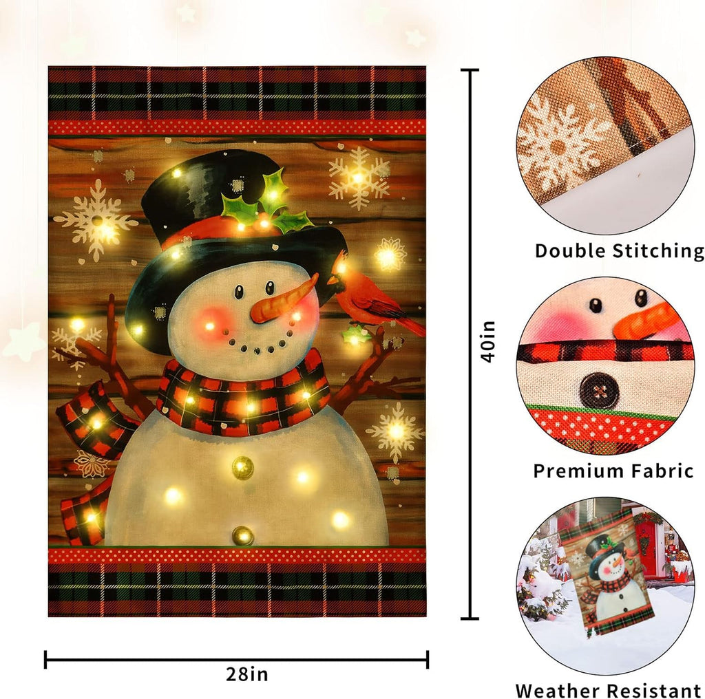 Lighted Christmas Garden Flag for Outside, Led Snowman Garden Flag Decor, Winter Yard Flag 12x18 Double Sided for Outdoor Yard Porch Lawn Decoration