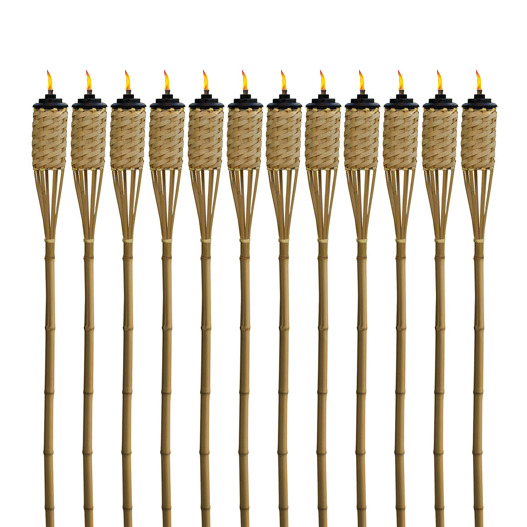 TIKI Bamboo Tiki Torches 12-Pack – Weather-Resistant Outdoor Décor with Easy-Pour Wide-Mouth Canister Refill for Patio, Garden, Backyard, and Parties, 57-Inch Citronella Torches