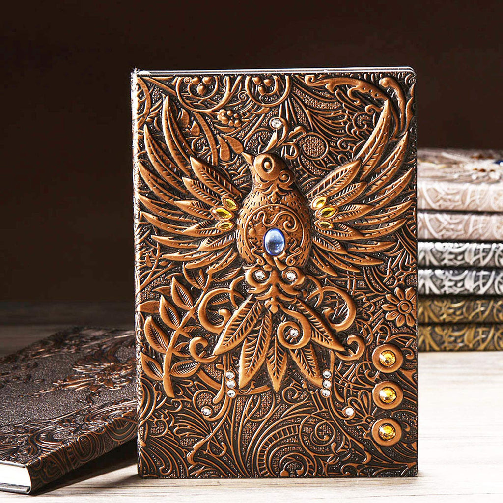 Vintage 3D Phoenix Embossed Leather Writing Journal with Golden Pen Set,A5,200Pages,Antique Handmade Daily Notepad Sketchbook,Travel Diary&Notebook to Write in,for Women Men (Red Bronze)