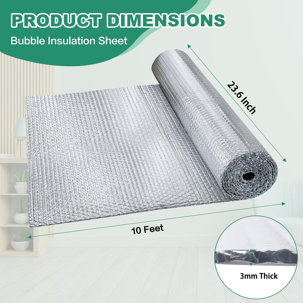 Reflective Bubble Insulation Sheet, Double Side Aluminum Foil Bubble Shield, Aluminum Foil Thermal Insulation Radiant Barrier for Windows, RV, Roof, Garage Door (23.6IN X 10FT)