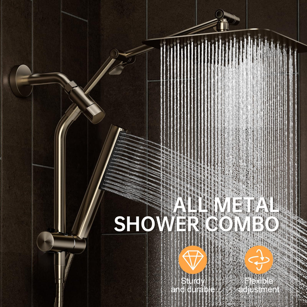 Veken All Metal 10" Brushed Nickel Shower Head with Handheld, Luxurious Square Double Rain Shower Heads with Power-wash Hand Held, Dual High Pressure Detachable Rainfall Showerhead,Bathroom Upgrade