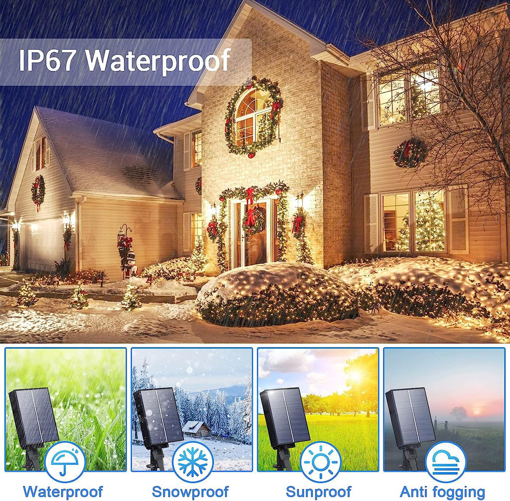 ICRGB Solar Rope Lights Outdoor, 66FT 200LED Solar Christmas String Lights with Remote, IP67 Waterproof Outdoor Lights, Timing, 8 Modes, Garden Christmas Lights Decorative for Porch Tree Pool, White