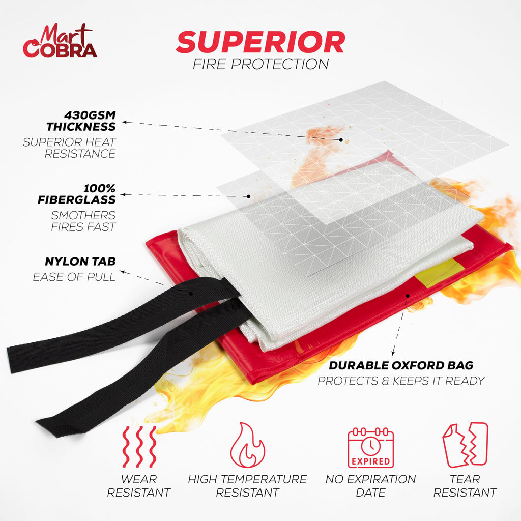 Mart Cobra Emergency Fire Blanket for Home and Kitchen - 2 Pack - Fire Blankets Emergency for Home Safety 40” x 40” - Suppression Shield Retardant Extinguisher Fiberglass Welding Fireproof Cloth Towel