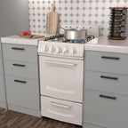 Avanti Gas Range Oven, Compact Freestanding Design, 4 Burners with Electronic Ignition, 2.1 Cu.Ft. Capacity Features Solid Door Storage Drawer Broiler and Accessories, 20-Inch, White