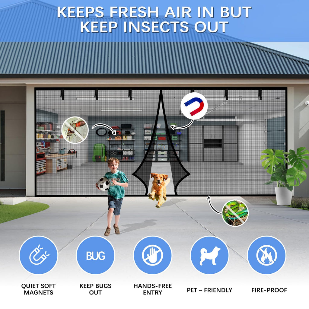 Garage Door Screen for 2 Car Garage 16x7FT, Magnetic Screen Garage with Retractable Fiberglass Mesh and Heavy Duty Weighted Bottom, Easy Assembly & Pass, Hands Free Door Screen Kit