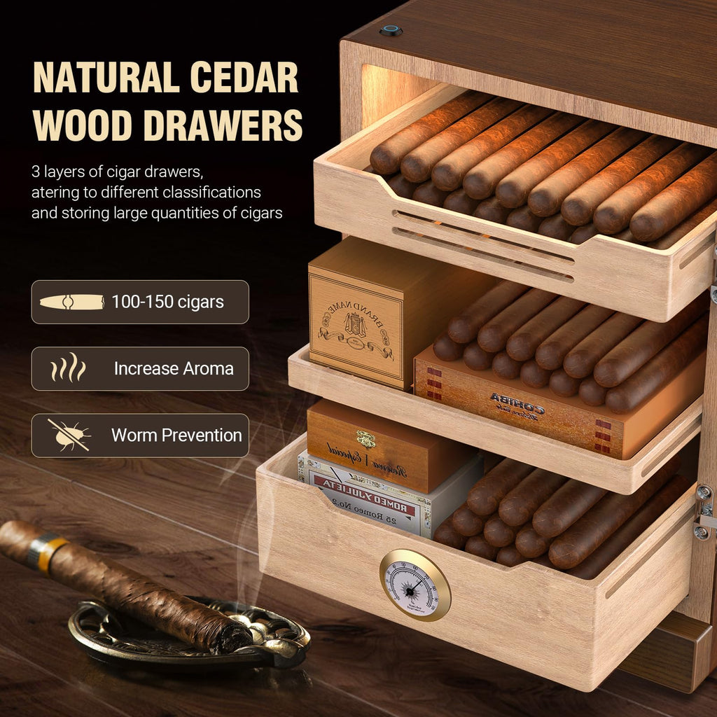 COOL KNIGHT LED Lighted Cigar Humidor Cabinet Can Hold 100-150 Cigars Cabinet Humidor with Spanish Cedar Wood Drawer, Precision Hygrometer,3 Humidifiers, Accessories Drawer,Christmas Father's Day Gift