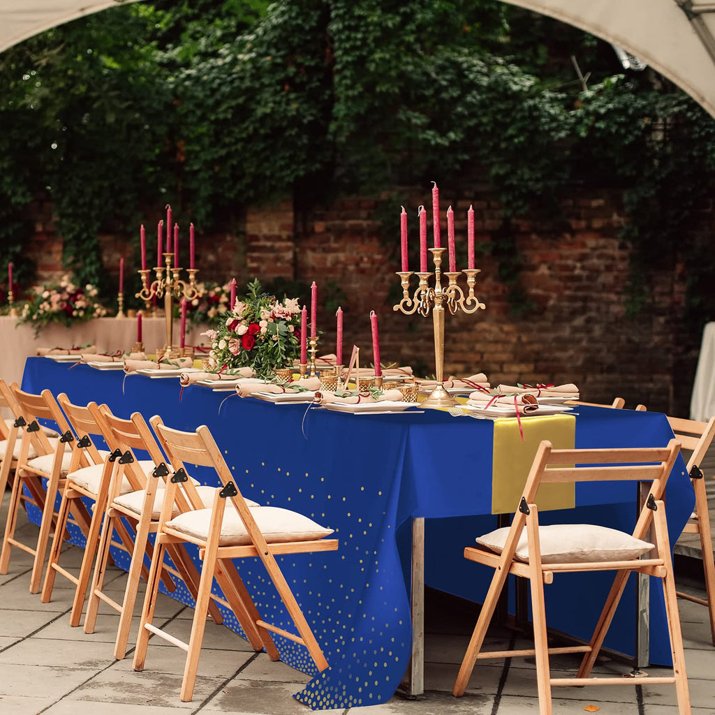 16Pack Disposable Plastic Tablecloths and Satin Table Runner Set Blue and Gold Dot Tablecloth Gold Satin Table Runner for Wedding Birthday Baby Shower Anniversary Christmas New Year Party Decorations