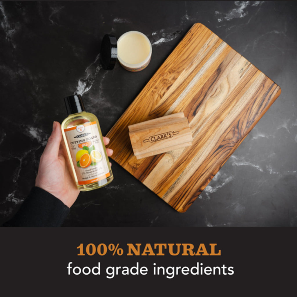 CLARK'S Bamboo Cutting Board Care Kit, Includes Mineral Oil (12oz) and Carnauba Beeswax (6oz) Enriched with Orange & Lemon Extract, Bamboo Cutting Board Oil Food Grade, Cutting Board Wax Bamboo
