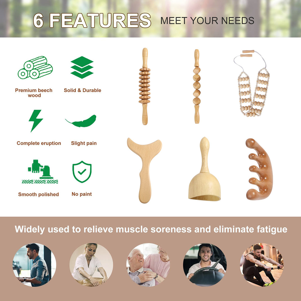 OYAMEQICH Wood Therapy Massage Tools Maderoterapia Kit Body Sculpting Tools for Lymphatic Drainage and Anti-Cellulite .Wood Massager Roller Rpoe for Back and Muscle Pain Relief (Medium)