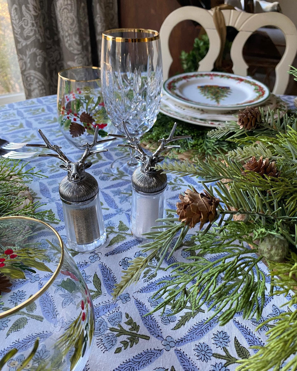 Ridhi Steel Blue 70x108 Inches Rectangle 100% Cotton hand block print tablecloth washable halloween Thanksgiving/Christmas Parties/Wedding Use,fall décor farmhouse dining dinner tablecloth