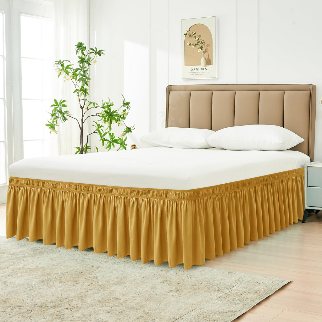 Biscaynebay Wrap Around Bed Skirts for Queen Beds15 Drop, Christmas Gold Adjustable Elastic Dust Ruffles Easy Fit Wrinkle & Fade Resistant Silky Luxurious Fabric Machine Washable