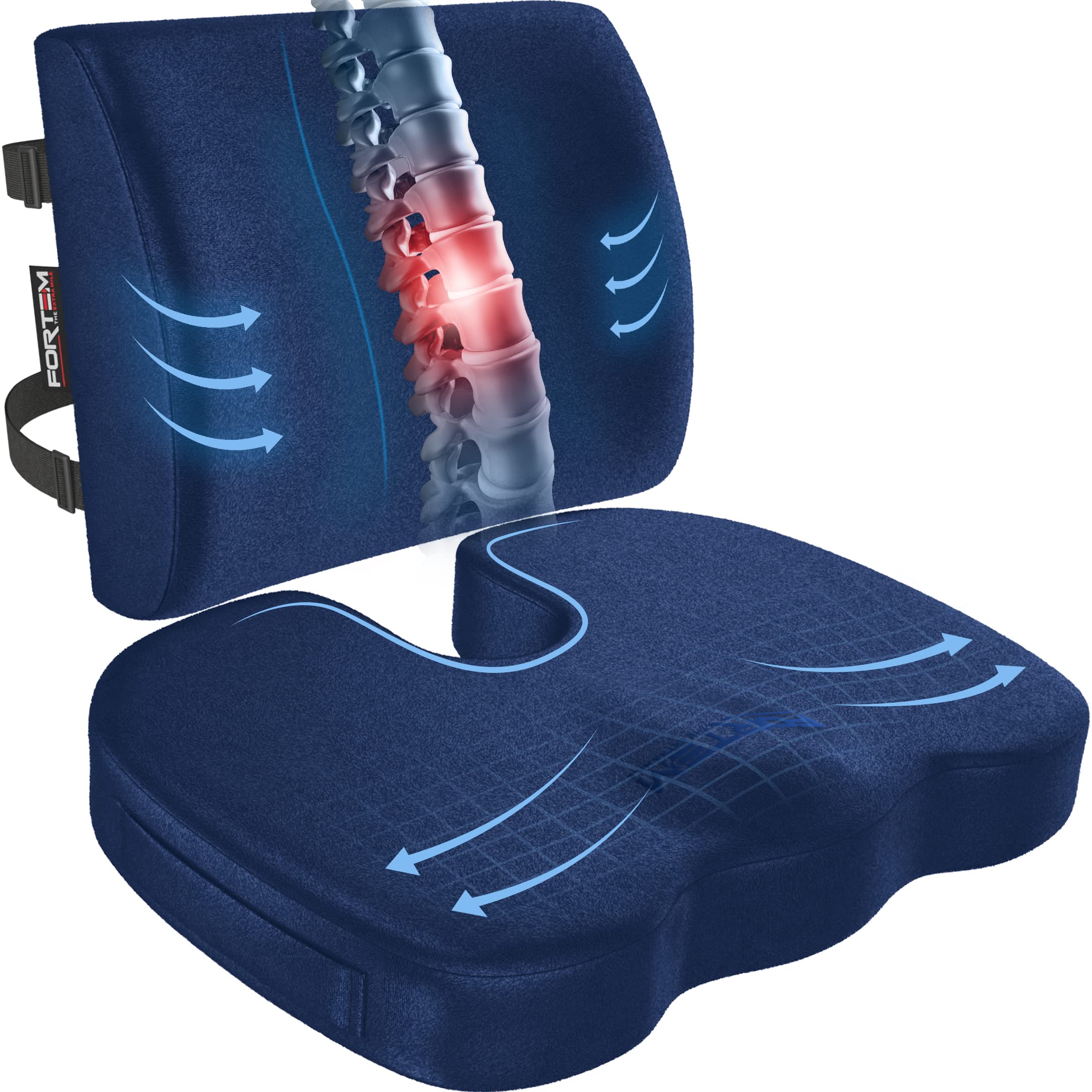 FORTEM Office Chair Cushion and Back Support for Office Chair, Lumbar Support Pillow, Memory Foam, Non Slip Sitting and Back Rest for Gaming, Car Seat Cushion, Chair Pad