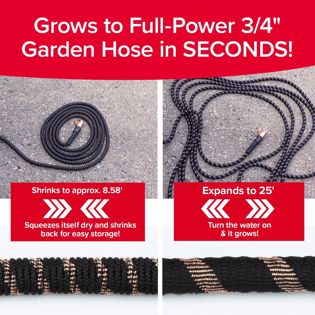Pocket Hose Copper Bullet Expandable Garden Hose 25 FT w/10 Pattern Thumb Spray Nozzle AS-SEEN-ON-TV 650psi 3/4 in Patented Lead-Free Ultra-Lightweight Solid Copper Anodized Aluminum Fittings No-Kink