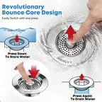 Upgraded 3 in 1 Kitchen Sink Drain Strainer - Stainless Steel Sink Stopper, Anti-Clogging Sink Food Catcher Basket, Fast Drainage Odor Filter Sink Plug for US Standard 3 1/2 inch Drain (Silver-2Pack)