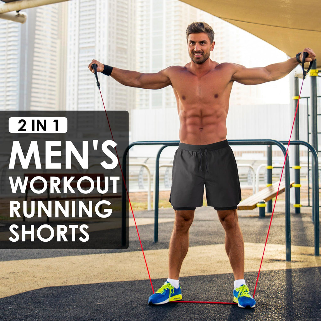 Men's 2 in 1 Running Shorts Workout Athletic Shorts Outdoor Sports with Liner Lightweight Training Yoga Gym Shorts with Phone Pockets Dark Gray