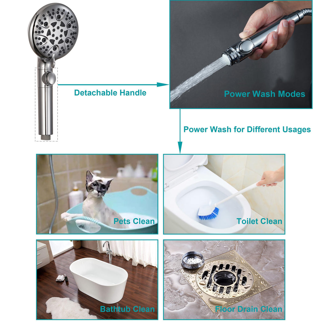 GwernKB Handheld Shower Head with On Off Switch 8-Mode High Pressure Showerhead with 79 Inches Extra-long Stainless Steel Hose and Bracket PLUS Extra Low-Reach Adhesive Wall Mount for Kids,Silver…