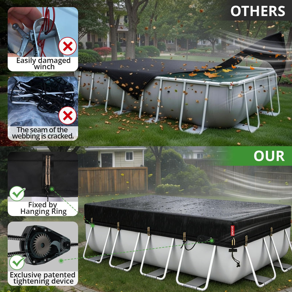QH.HOME 12x24ft Rectangular Pool Cover,[Ultimate Windproof & Tear-Resistant Fabric],Snug Fit with Patented Ratchet & Weight Rings,Solar Pool Cover for Above Ground Pools, Blocks Leaves &Waterproof