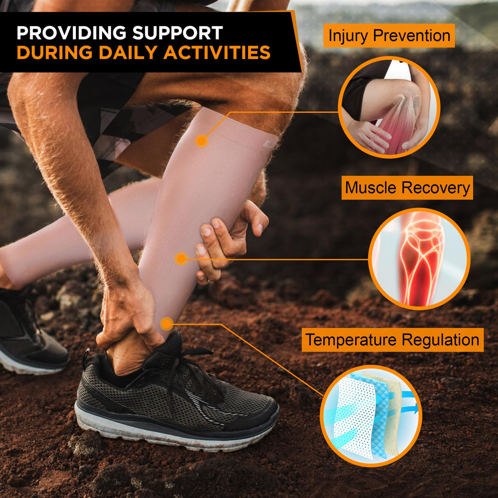 Doc Miller Compression Calf Sleeve for Men & Women, Premium Medical Grade, 15-20mmHg Graduated Support for Running, Calf Tear, Shin Splints, Knee High, Skin/Nude Calf Sleeves, Medium Size, 1 Pair