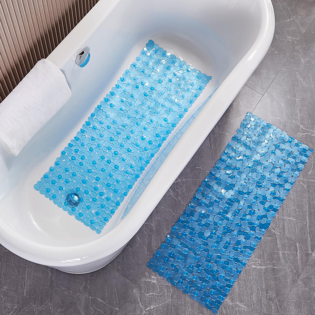 Webos Bath Shower Mat Non Slip: Extra Large Pebble Bathtub mat for Kids, Elderly, Anti Slip Shower Matt with Drain Holes Suction Cups Tub Mat - 16 X 40 Inch Clear Blue