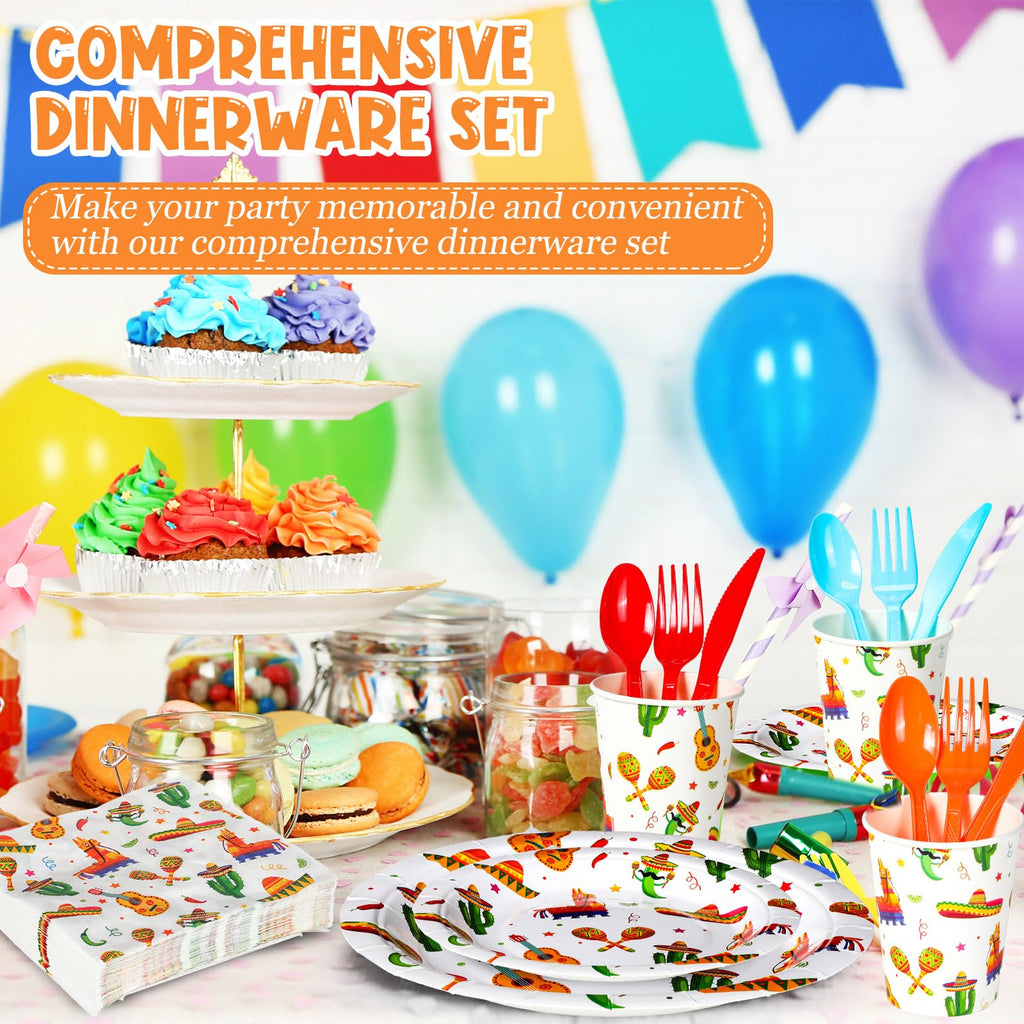 Sunnychicc 400 Pcs Mexican Party Supplies Fiesta Disposable Paper Plates Napkins and Cups Mexican Tableware Decorations for Cinco de Mayo Birthday, Taco Party (Bright)